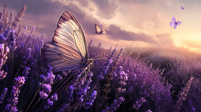 There are butterflies in a lavender field at sunset.

