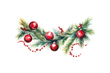 Watercolor Christmas Garland with Red Baubles. Vector illustration design.