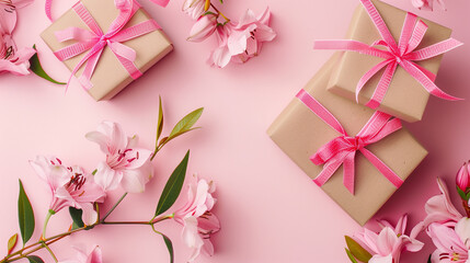 Pink flowers and gift boxes on pink background, perfect for special occasions.Beautiful pink flowers and gift boxes against a soft pink backdrop.