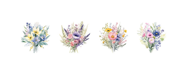 Spring Watercolor Floral Bouquets in Pastel Tones. Vector illustration design.