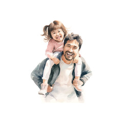Smiling Dad Carrying Excited Daughter on Shoulders watercolor style. Vector illustration design.