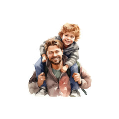 Curly Haired Boy Enjoying Piggyback Ride with Father watercolor style. Vector illustration design.