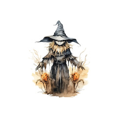 Creepy Witch Standing with Pumpkins Watercolor Art. Vector illustration design.