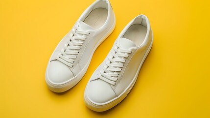 Pair of white male sneakers on a yellow background