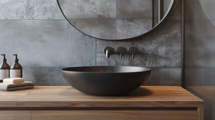 Close up of basin with oval mirror standing in on grey - obrazy, fototapety, plakaty