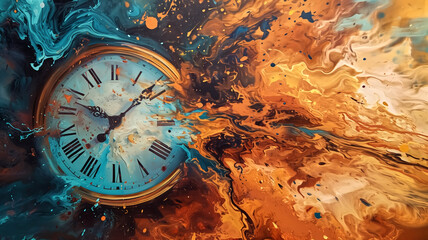 Clock submerged in swirling, colorful abstract paints. Concept of time, creativity, and chaos. Design for artistic poster, album cover, or creative project background.