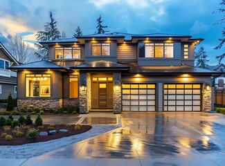 Stylish new construction modern home with a two car garage and large driveway in the evening