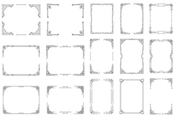 Golden geometric template in style of 1920s, artdeco corners for borders and frames. Vintage art deco corner set. Invitation, greeting swirl elements, baroque ink artwork. Vector illustration,