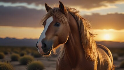 Obraz premium Animal desert horse with long hair and a tail, standing with glass eyelashes and shining, captured at a low angle during golden hour