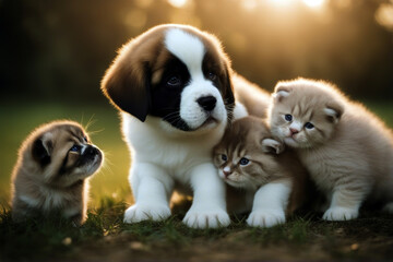 Fototapeta premium Saint bernard kittens puppy three little fun sweet young friends baby playful play lawn portrait grey cute family group breed close swiss love care rescue pet summer lying