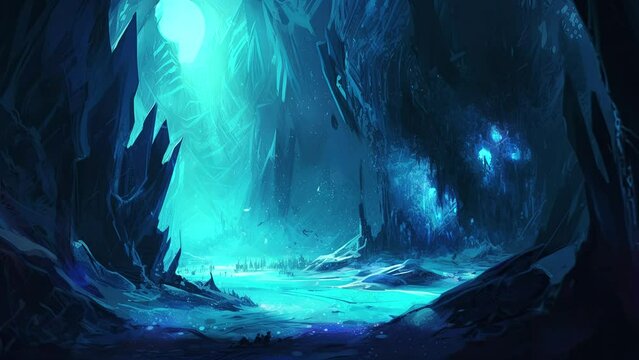 Fantasy landscape with beautiful and gloating glowing blue rocks. Magical and atmospheric loop video.