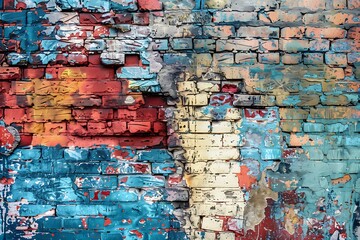 : A weathered brick wall covered in layers of colorful street art
