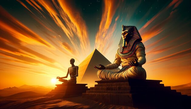 Two pharaohs meditating in front of the pyramids