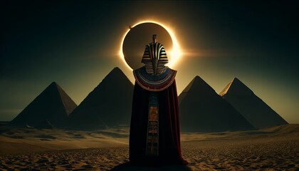 A pharaoh stands in front of the pyramids with a solar eclipse behind him. - obrazy, fototapety, plakaty