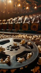 Fototapeta na wymiar Popcorn and a movie reel sit on a carpet in front of a theater. Vertical background