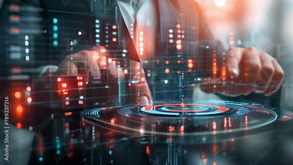 Poster businessperson analyzing data on futuristic interface at a workspace