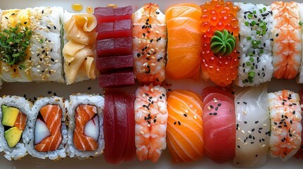 Overhead view of various Japanese sushi selections including nigiri, maki rolls, and sashimi, beautifully presented on a rectangular plate. - 789237449