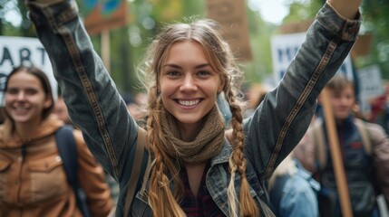 Obraz premium Joyful young woman with braided hair raises her arms during a global climate strike, surrounded by fellow protesters carrying signs and posters.