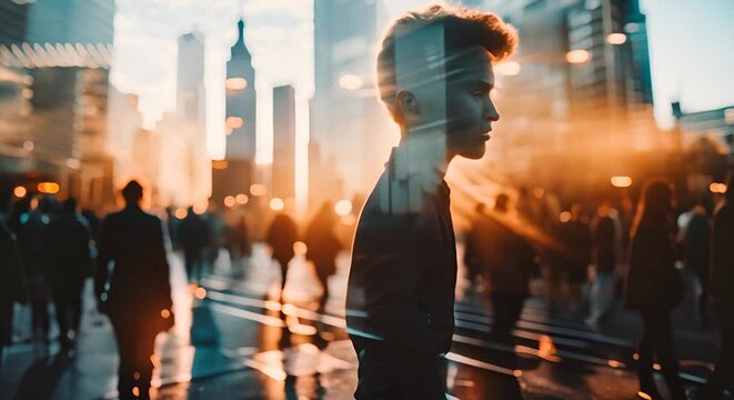 Double exposure of a man and bustling city street, perfect for concepts of business and urban life.