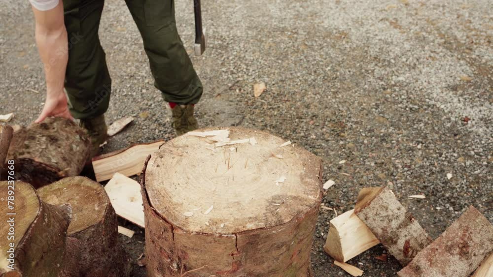 Poster man cutting trunk with an axe - close up
