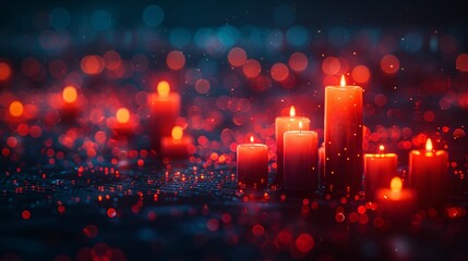 Dramatic stock photo of multiple red candles with fire lit, glowing against a dark background with myriad blurry light points, symbolizing hope, warmth, or remembrance.