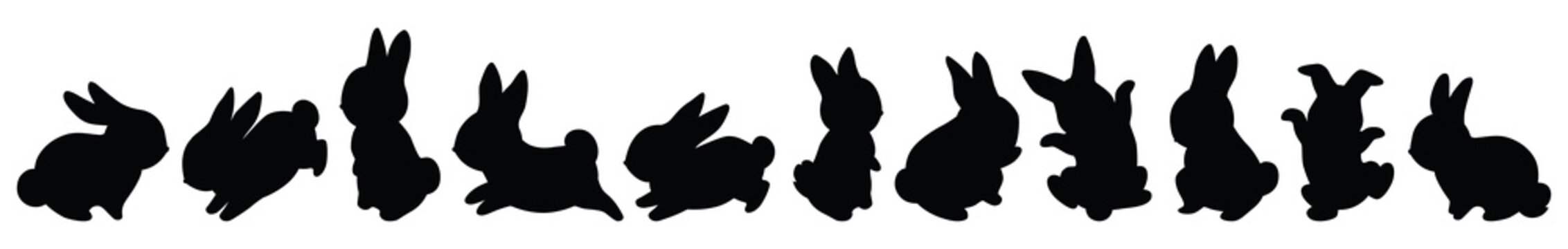 Silhouette black cute bunny. Cute cartoon rabbits. Funny hares, Easter bunnies. Standing, running, jumping poses. Set of flat cartoon vector illustrations isolated on white background. Outlines animal