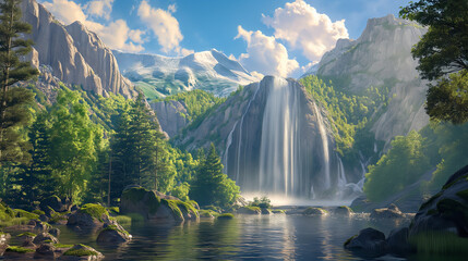 A beautiful landscape with waterfalls and mountains.


