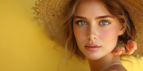 Young beautiful lady with flowers, in dress against yellow background, space for text, created with Generative AI technology