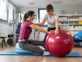 physiotherapist helping female patient to do exercise on fitness ball in physio room