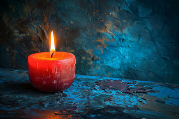 small red candle with burning flame, dark background with space for text. Religious concept.