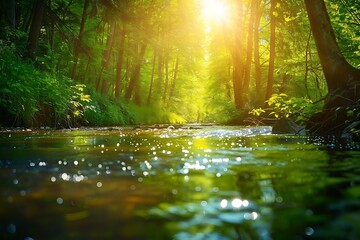 : A tranquil scene of a forest stream, with bright sunlight filtering through the trees and casting...