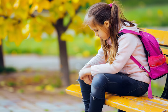 Unhappy and sad schoolgirl sitting on wooden bench in the park