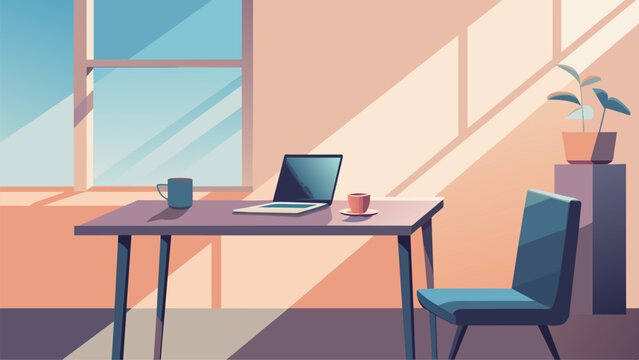 A small desk with a clean and unadorned surface stands in a bright and airy office. The only objects on the desk are a simple laptop and a cup