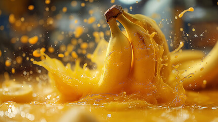 Bunch of Bananas Splashing in Orange Juice