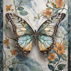 Wall Decoration Featuring Marble and Floral Designs, butterfly