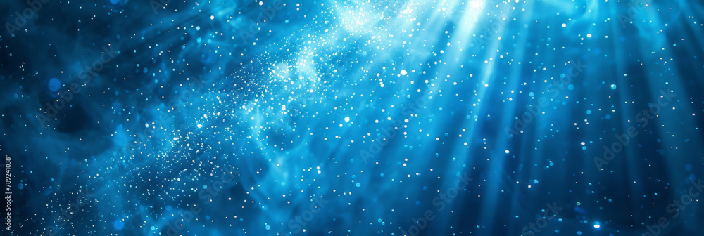 Poster blue background with white light rays and dust particles, color gradient rough abstract background s