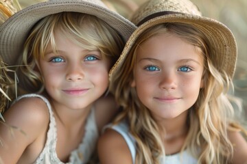 Two cheerful young girls with blue eyes, wearing straw hats, share a cozy moment together