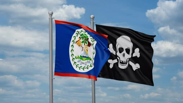 Belize and Jolly Roger or pirate two flags waving together, looped video