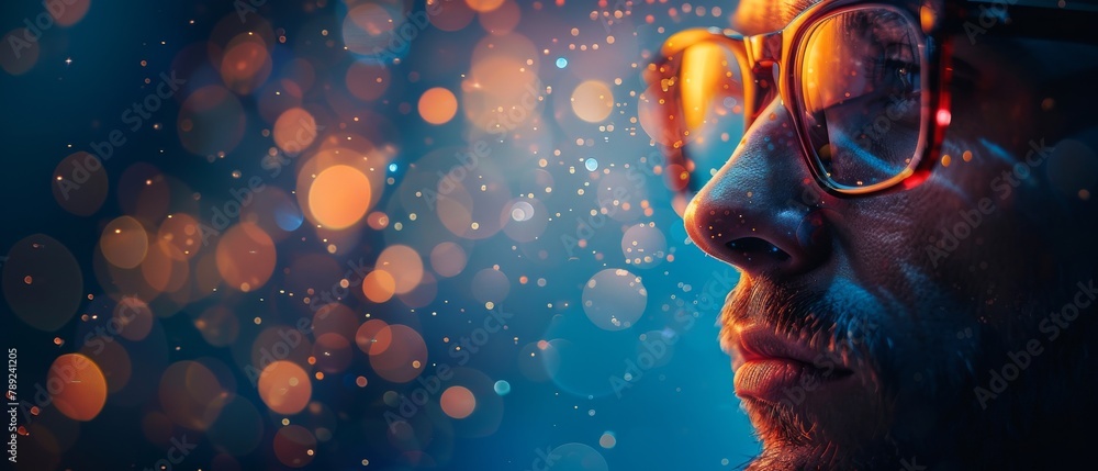 Poster abstract image featuring a multitude of colorful bokeh lights on a gradient blue background