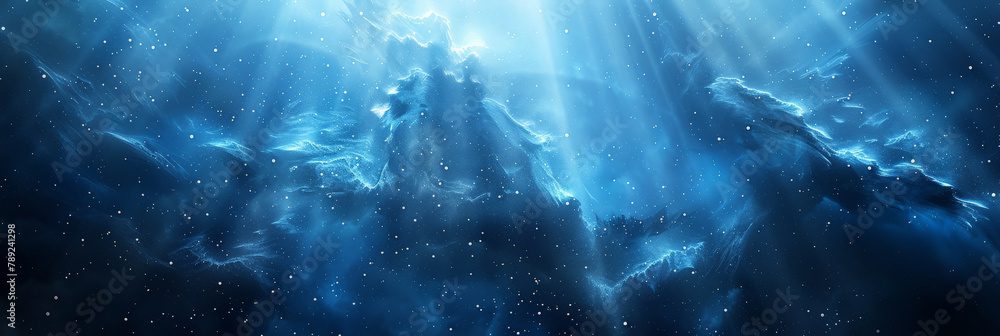 Poster blue background with white light rays and dust particles, color gradient rough abstract background s