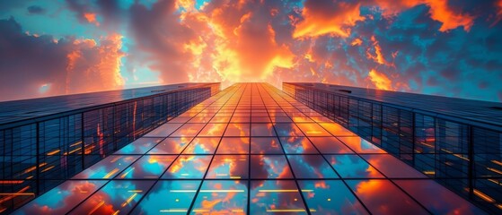 A breathtaking image capturing skyscrapers soaring into a vivid sky ablaze with fiery orange and red hues reflecting off glass surfaces