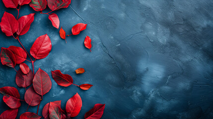 Red leaves are scattered on a blue stone surface.

