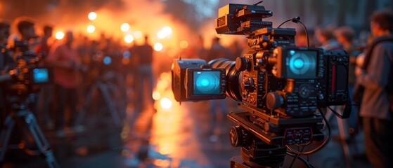 A variety of professional video cameras on a dynamic film set, illuminated by warm ambient lights and bokeh effects