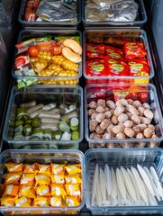 The freezer shelves are fully stocked with a wide array of frozen foods, including vegetables, fruits, proteins, and convenience items, providing ample options for varied, nutritious meals.