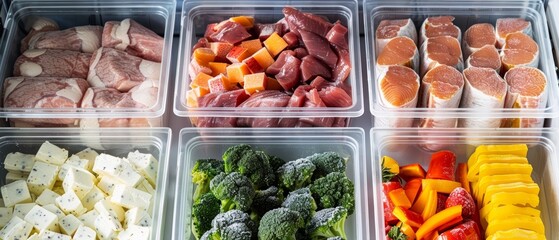 Wide-angle shot showing a variety of raw meats and fresh vegetables in clear plastic containers, perfect for diverse culinary uses.