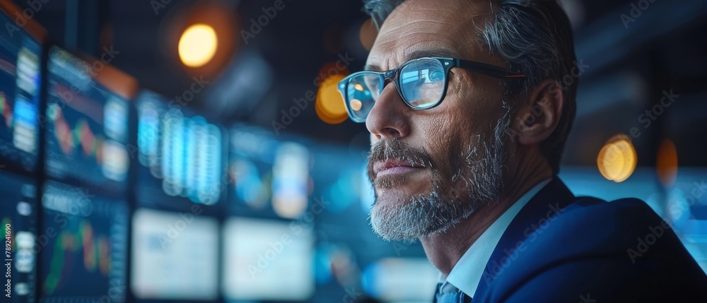 Poster an businessman in a suit and tie in the control room with multiple monitors displaying data