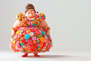 overweight character woman into a candy7 gummies dress, isolated grey background