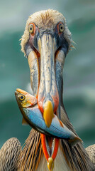 Direct front view of a pelican with a fish in its mouth, showcasing the bird's focused gaze and textured beak.