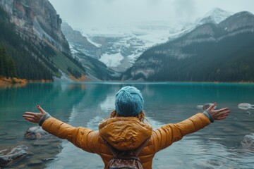 With open arms, a person embraces the breathtaking view of a snow-laden mountainous landscape reflecting in a lake