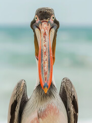 A brown pelican gazing forward with a fish in its mouth, set against a calm sea backdrop, capturing a moment in the wild.
